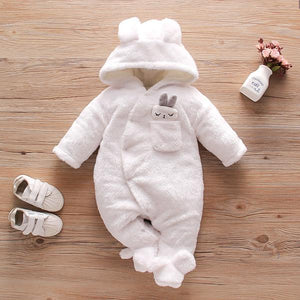 Solid Fleece Rabbit Hooded Jumpsuit