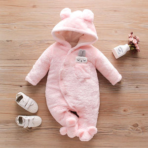 Solid Fleece Rabbit Hooded Jumpsuit