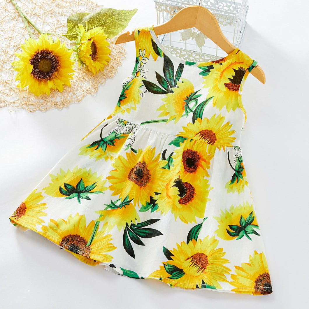 Sunflower Print Bowknot Sleeveless Dress