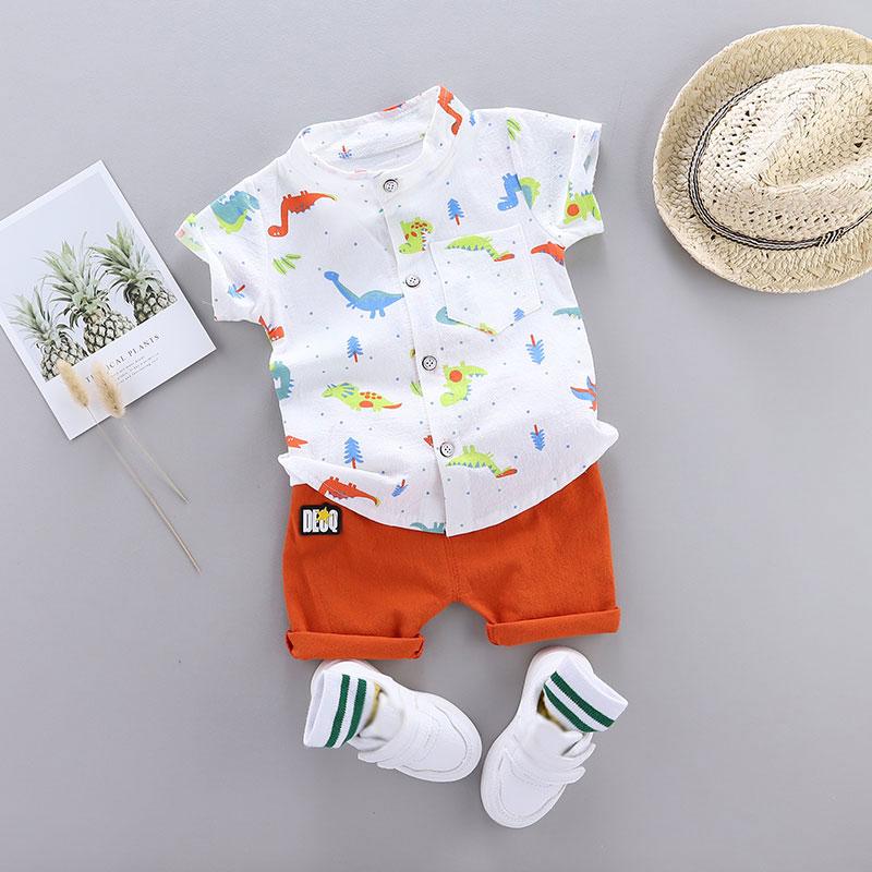 Dinosaur Print Short-sleeve Shirt and Pants Set