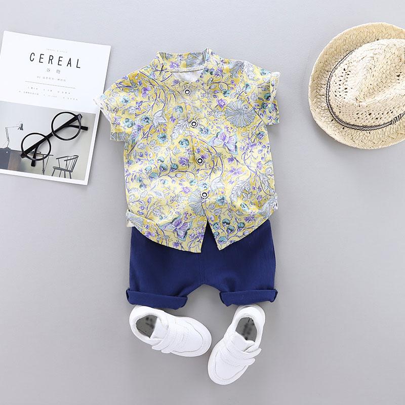 Floral Print Short-sleeve Shirt and Solid Pants Set