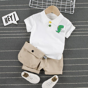 Dinosaur Print Polo Shirt and Shorts Set with Bag