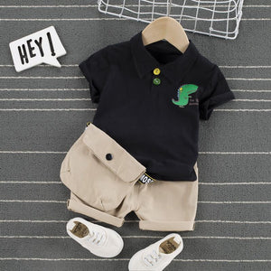 Dinosaur Print Polo Shirt and Shorts Set with Bag