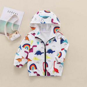 Dinosaur Rainbow Print Zipper Hooded Jacket