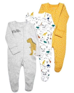 3 Piece Dino Print Cotton Sleepsuit Set