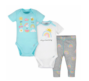 3-Piece Baby Girls Rainbow Bodysuits and Pant Set